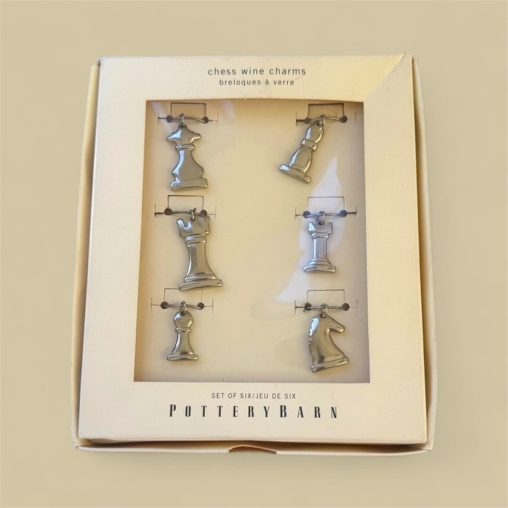 NIB! Pottery Barn Chess Wine Charms Box of 6 Silver Chess Pieces